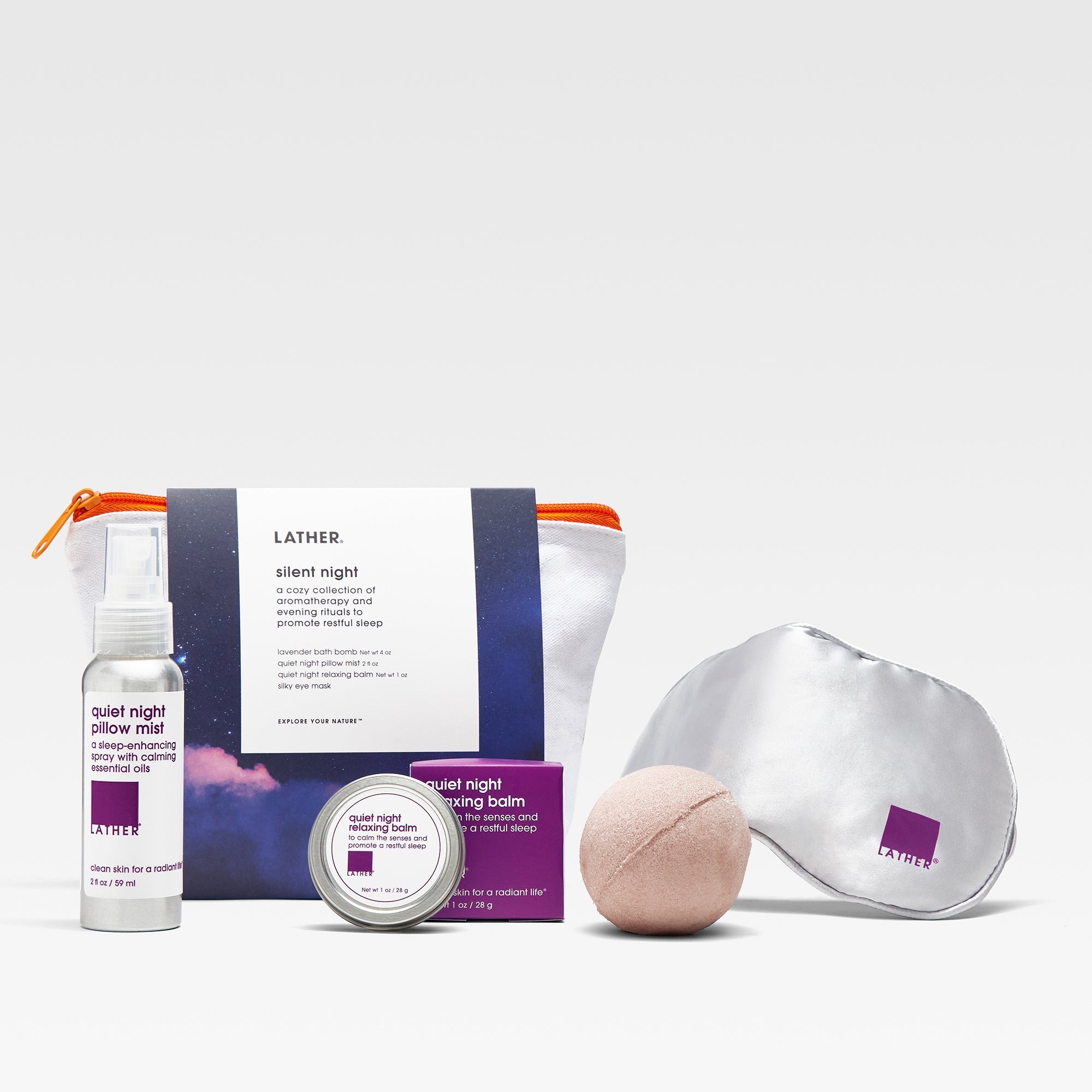 Silent Night Gift Set (Lavender Bath Bomb, 2oz pillow mist, 1oz Quiet Night Relaxing Balm, Silky Eye Mask, Cotton 9284 Zipper Pouch)